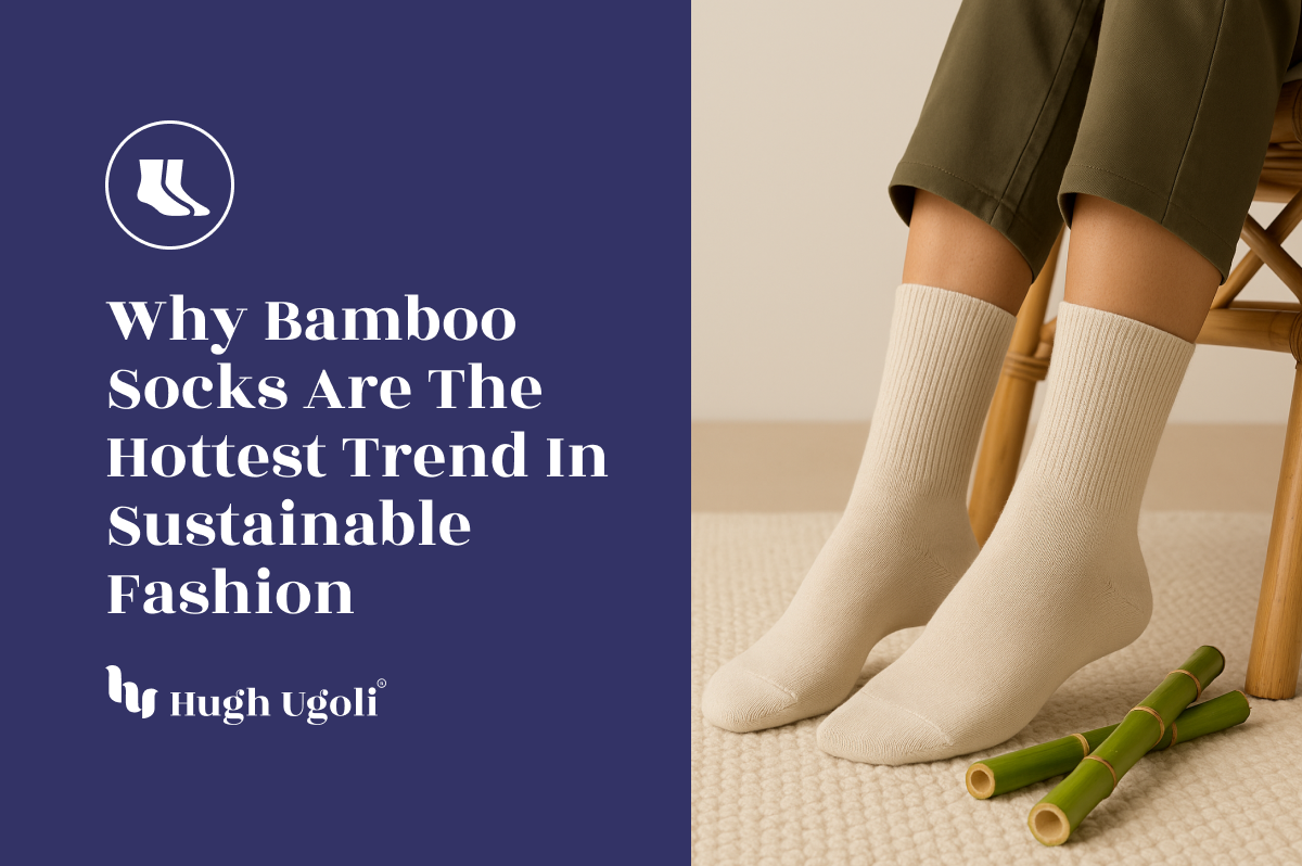 Person wearing cream bamboo socks while seated on a natural chair, with bamboo stalks on the floor — showcasing Hugh Ugoli’s eco-conscious fashion trend